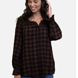 Beachlunchlounge Brown Black Plaid Button Shirt Luna Moose Trail Womens Large L
